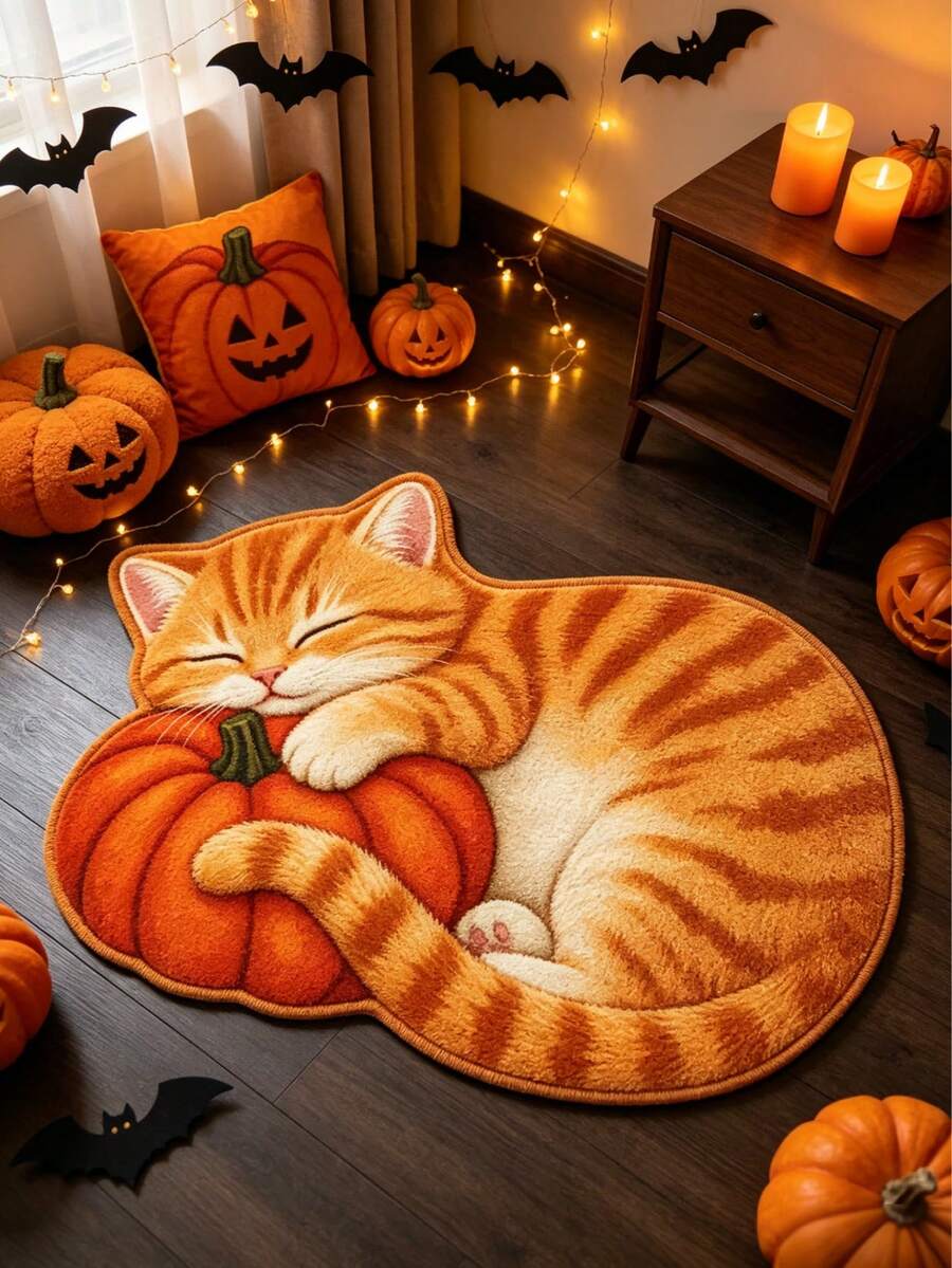 1 pieza Alfombra decorativa con gato naranja lindo sosteniendo calabaza, tema de Halloween, decoración de dormitorio, alfombra pequeña, alfombra, decoración del hogar, alfombra de sala de estar, alfombra pequeña de sala de estar, alfombra de dormitorio, decoración del hogar de sala de estar, alfombra para exteriores, alfombra lavable - Multicolor - Ver 1