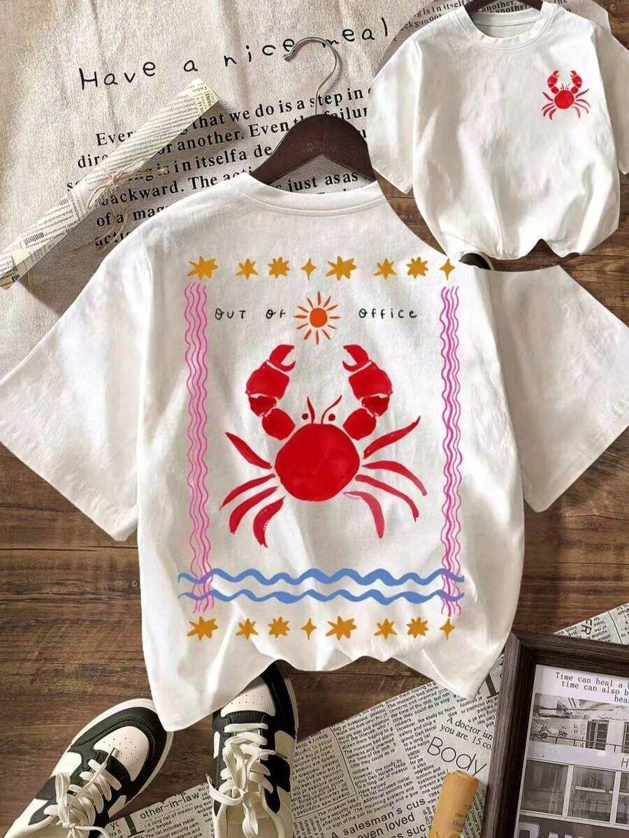 Summer Vibes Crab Print Shirt For Women, Casual, Short Sleeve And Round Neck, Ideal For Beach Holidays, Casual Style, Cute, Lightweight, Cotton Blend. - 白色 - 查看 1