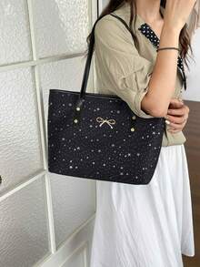 Tas Tote Kasual Kapasitas Besar Motif Berlian Berlapis Warna Polos dengan Pita, Model Fashion Minimalis Terbaru 2025 - Hitam - View 7
