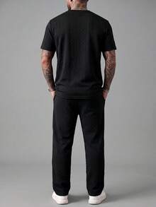 New Black 3D Herringbone Wheat Jacquard Round Neck Short Sleeve T-Shirt & Drawstring Straight Leg Pants Men's Minimalist Relaxed Casual 2-Piece Set - Black - View 2