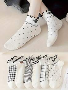 6 pares de calcetines cómodos y lindos a rayas y cuadros, calcetines dulces con borde de volantes para mujer, adecuados para uso diario - Multicolor - Ver 1