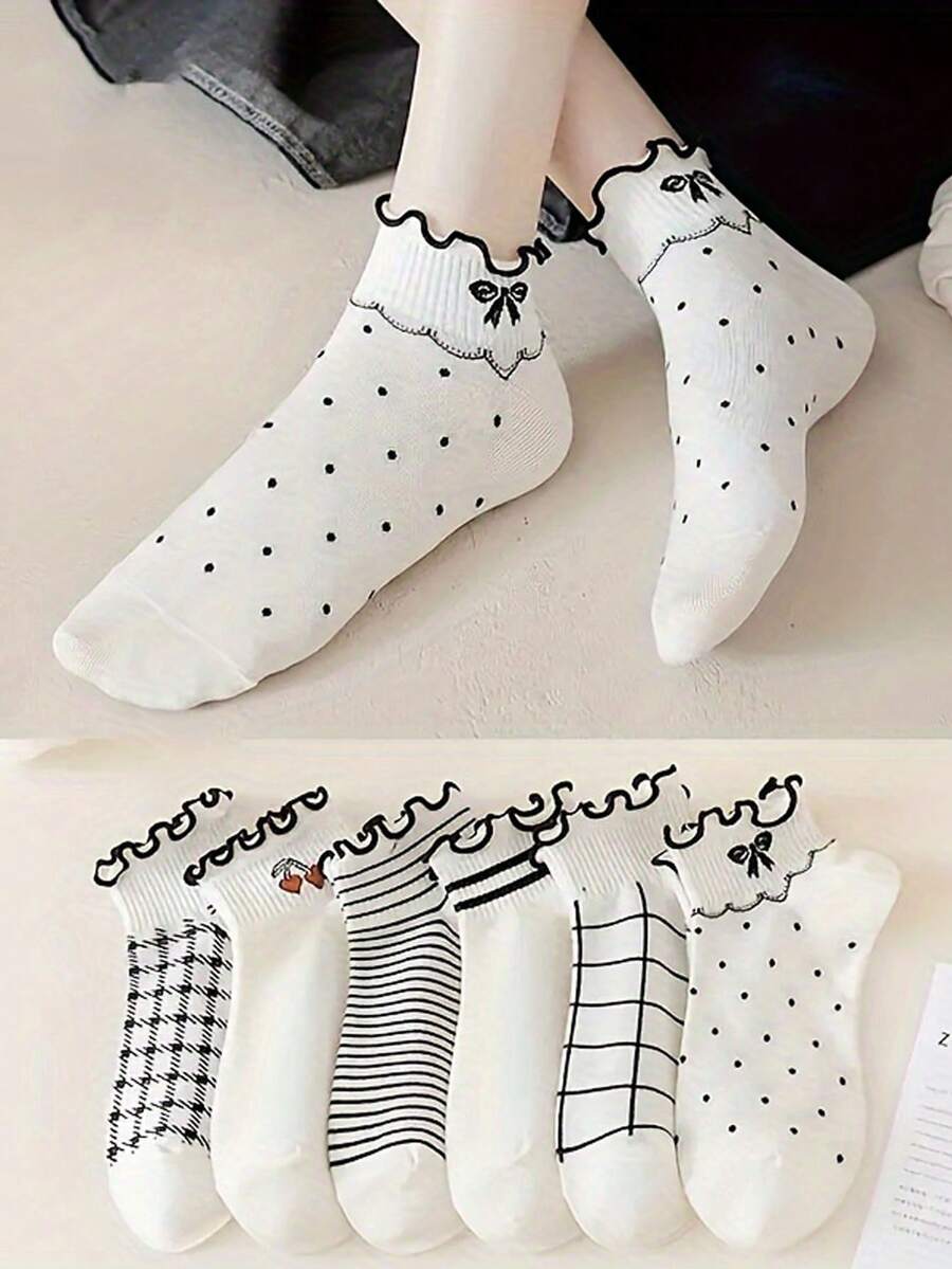 6 pares de calcetines cómodos y lindos a rayas y cuadros, calcetines dulces con borde de volantes para mujer, adecuados para uso diario - Multicolor - Ver 1