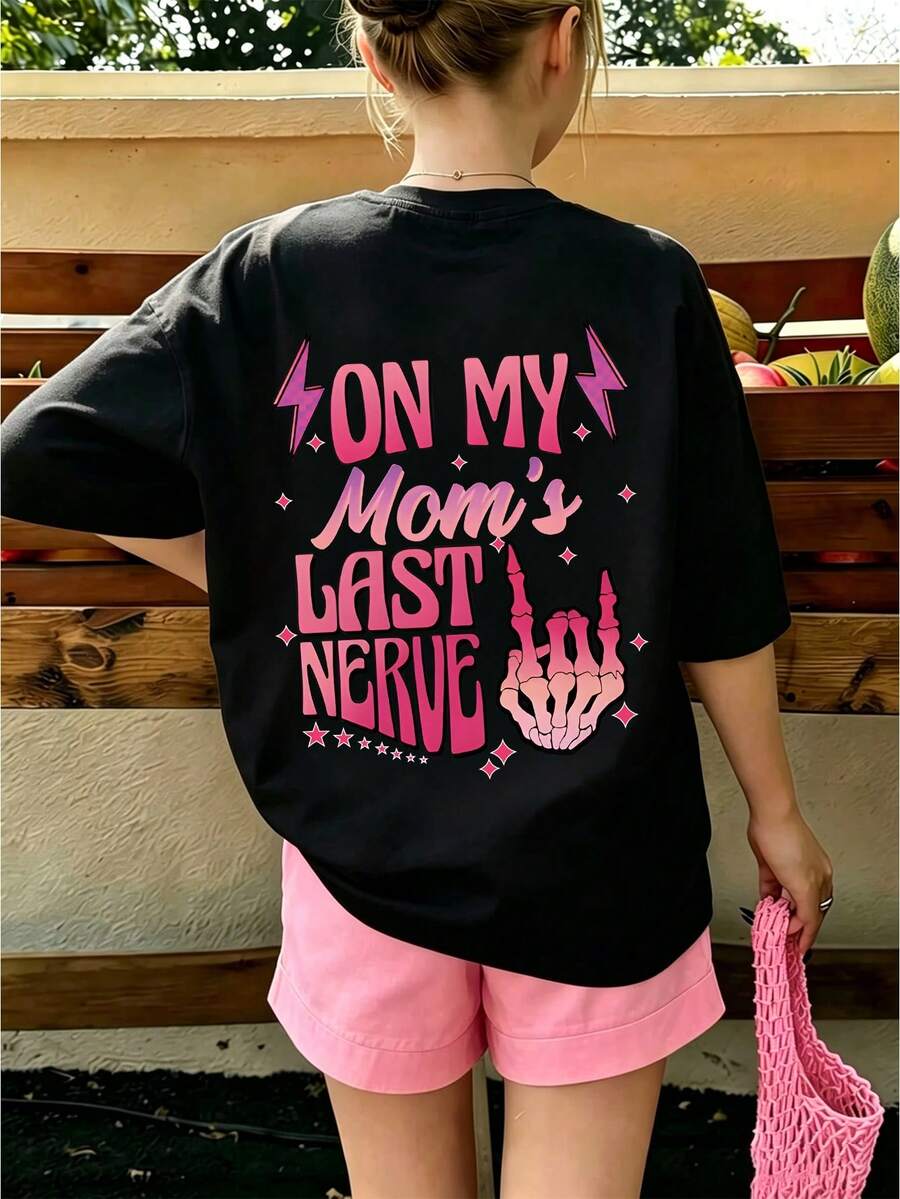 Girls' Skull & Slogan Print Round Neck T-Shirt, Soft Casual Tee For Spring/Summer - Black - View 1