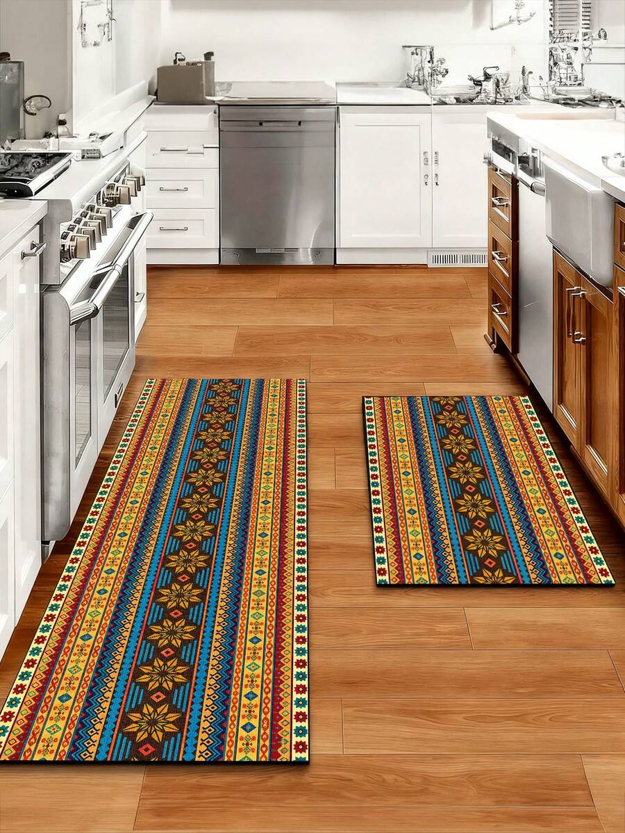 Tapis de cuisine en terre de diatomées absorbant l'eau de couleur sombre style bohème. Convient pour la cuisine, les tapis de salon, les tapis de salle de bain antidérapants, la buanderie, les chambres à coucher, les intérieurs et extérieurs, les bureaux, les halls d'entrée, les paillassons, les tapis de zone, les décorations de fêtes, les tapis de couloirs, les salles d'étude et les zones e-sport. - Multicolore - Voir 1