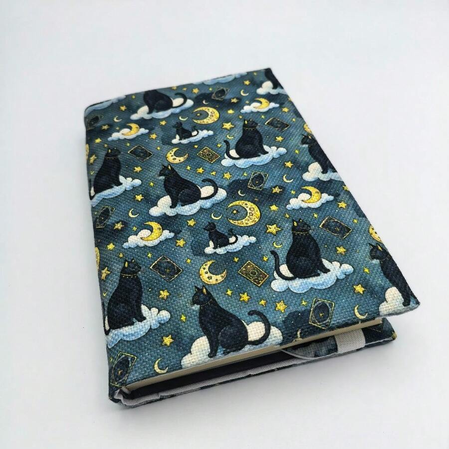 1 Pc Gold Moon And Cat Fabric Book Cover, Flat Printed Fabric Book Sleeve For Notebooks, Gift For Book Lovers, Couples, And Holidays,Back To School