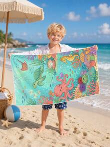 1pc Ocean Creature Octopus, Coral, Sea Turtle Design Kids Beach Towel, Super Absorbent Oversized Beach Blanket, Suitable For Beach, Pool, Travel, Camping, Yoga - Multicolor - View 7