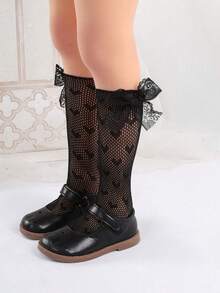 2 Pairs Baby/Toddler Girls Sweet Lace Bow & Heart Jacquard Mesh Ankle Socks, Suitable For Girls In Summer - Black - View 4