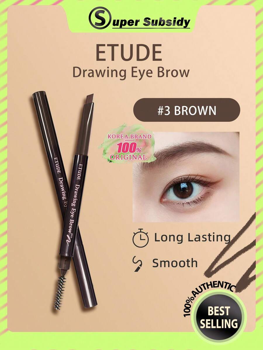 ETUDE 自然日常妝感眉筆 #3 棕色，持久柔滑質地，易暈染不褪色，細刷頭，輕盈，防暈染，高顯色，適合初學者日常使用，K-Beauty，韓系彩妝，禮品 0.25g/0.01oz