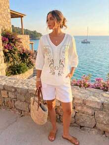 Women's Plus Size Heavy Embroidery Vintage Casual Blouse, White Top, Country Style For Women, Casual Blouses For Women, Vacation Outfits Women, Holiday Outfits, Summer Holiday Outfits - White - View 2