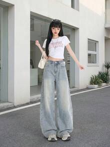 YEAE | 休閒百搭美式風寬腿牛仔褲，復古高腰直筒設計長褲，女款秋季 - 淺藍色 - 查看 6