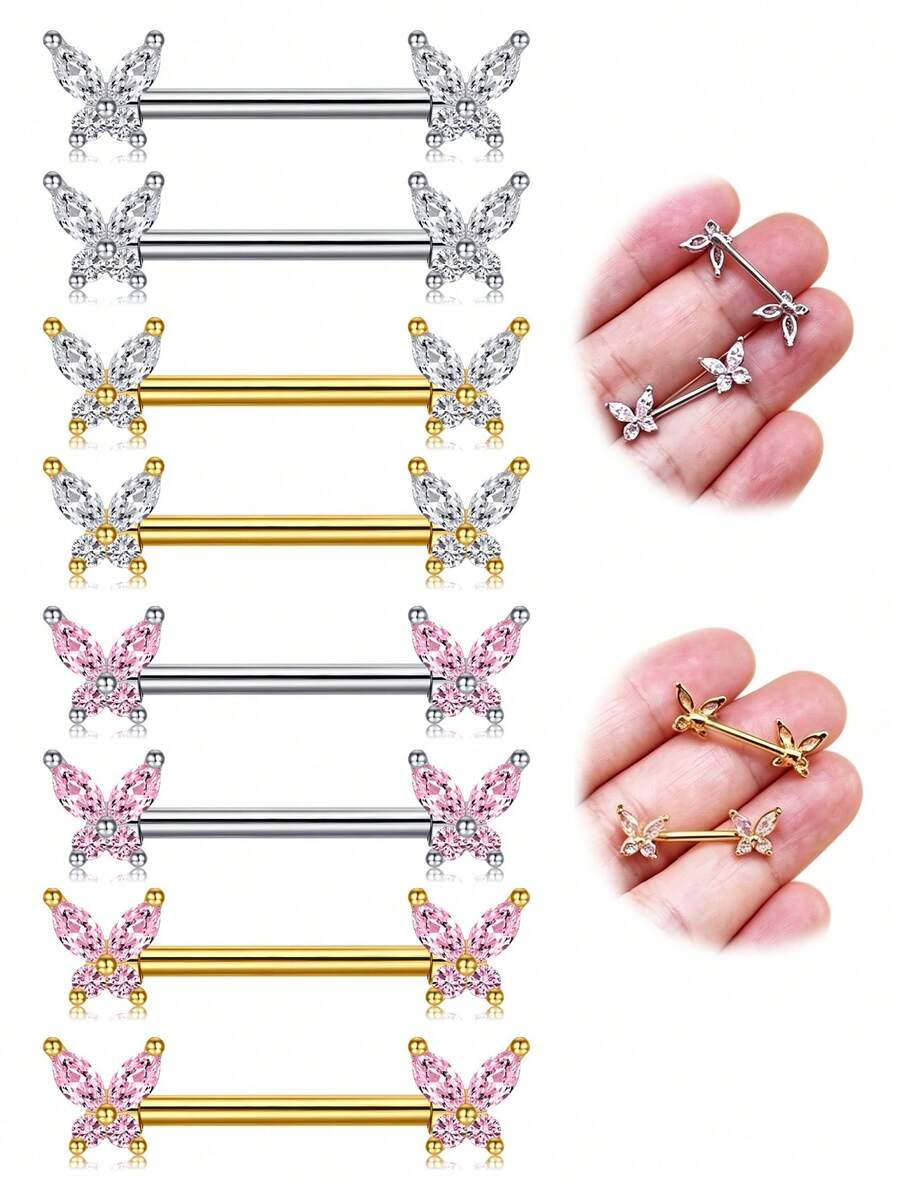 2 piezas de anillos para pezones, joyería de perforación de pezón con barras rectas, joyería de perforación corporal con mariposa, barras de pezón con CZ - Multicolor - Ver 1
