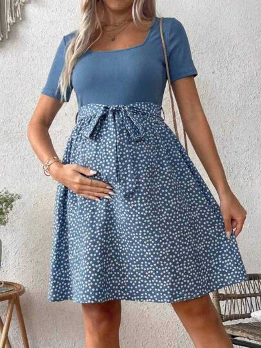 Vestido de maternidad de verano informal con parches y estampado floral diminuto de manga corta - Azul - Ver 1