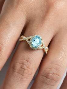1 pieza Anillo elegante de mujer con circonita cúbica azul marino, adecuado para regalo de Día de San Valentín, Navidad, boda, compromiso, fiesta de aniversario, joyería - Dorado - Ver 5