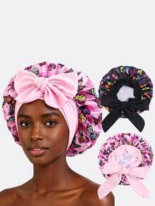 2 buah Topi Tidur Wanita Berwarna-warni dengan Pinggiran Lebar dan Elastisitas Tinggi, Cocok untuk Terapi Kemoterapi dan Perlindungan Rambut, Sesuai untuk Penggunaan Sehari-hari - Latar belakang hitam dengan kupu-kupu warna-warni / latar belakang merah muda dengan kupu-kupu - View 5