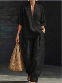 Women's Casual Elegant Linen Two-Piece Outfit With V-Neck Blouse & Wide-Leg Pants, Long Sleeve Fall Fashion Set - 黑色 - 查看 7