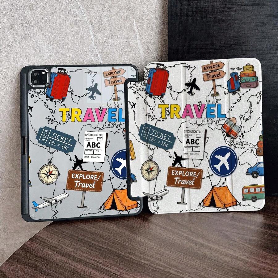 1件復古旅行地圖塗鴉平板保護殼 附筆槽 適用於 iPad 第10代 10.9吋 2022 智慧保護殼/ Air 13(M3 2025)/ Air 11(M3 2025)/ 11(A16 2025)，自動休眠/喚醒功能/時尚平板配件 適用於小米5/5PR/6/6PRO/7/7PRO/Galaxy Tab S10+/S9/A9，適用於小米 Pad 5/6/7，適用於華為 Matepad - 彩色 - 查看 1