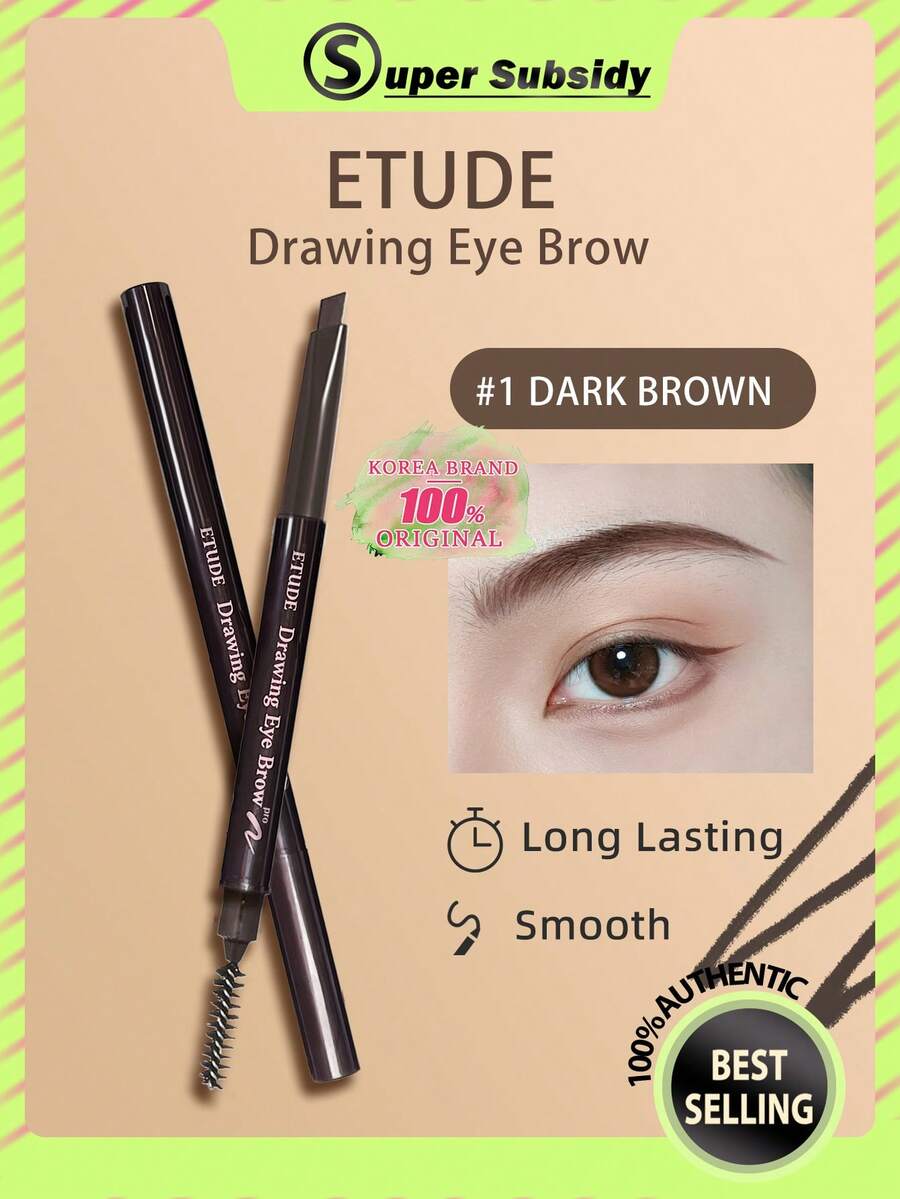 ETUDE 自然日常妝感眉筆 #1 DARK BRO，持久柔滑質地，易暈染不褪色，細刷頭，輕盈防暈染，高顯色，適合初學者日常使用，K-Beauty 韓系彩妝，禮品 0.25g/0.01oz