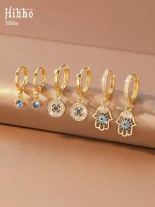 Hihho 1 Pair Classic Fashion Retro Evil Eye Ear Cuff Earrings Set, Sparkling Zirconia Inlaid Wisdom Eye Charm, Exquisite Women's Fashion Jewelry Earrings Suitable For Daily, Holiday, Party Decoration And Gift - Earrings Set - View 5