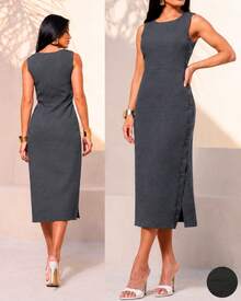 Classic Long Black Dress With A Round Neck, Pockets, And An Elegant Slit Design. - 深灰色 - 查看 4