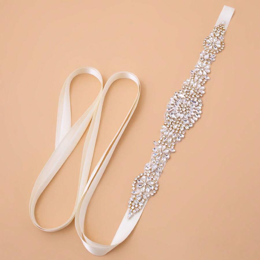 1pc Handmade Rhinestone Bridal Belt Women's Rhinestone Wedding Dress Accessory - Gold Applique + Ivory Ribbons - View 1