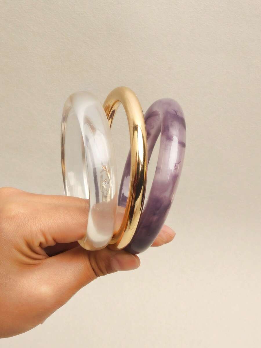 3件裝復古樹脂紫色紋理壓克力手環,時尚百搭層次感風格,適合女性日常配戴 - 紫色 - 查看 1