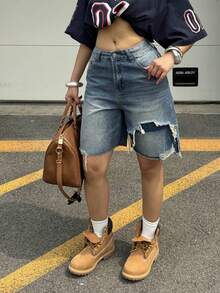Y2K街頭復古水洗藍膝長牛仔短褲 生邊斜口袋 牛仔短褲女裝 夏季度假 外出 演唱會 休閒穿搭 - 藍色 - 查看 3