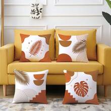4 pièces Housses de coussin orange et marron avec motif de feuilles botaniques géométriques, imprimées sur un seul côté en velours de peau de pêche doux pour la peau, housses de coussin 45*45CM convenant pour la décoration intérieure, la décoration de fête, les housses de coussin décoratives en cadeau - Multicolore - Voir 4