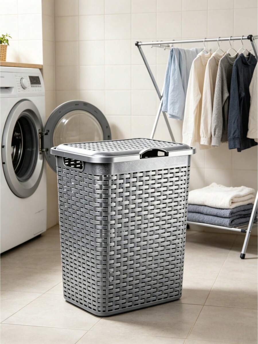 38L Large Capacity Laundry Basket - Woven Rattan Style Clothes Storage Bin | With Lid Breathable Design, Sturdy And Durable, Suitable For Storing Dirty Laundry And Organizing Miscellaneous Items - Random Color - View 1