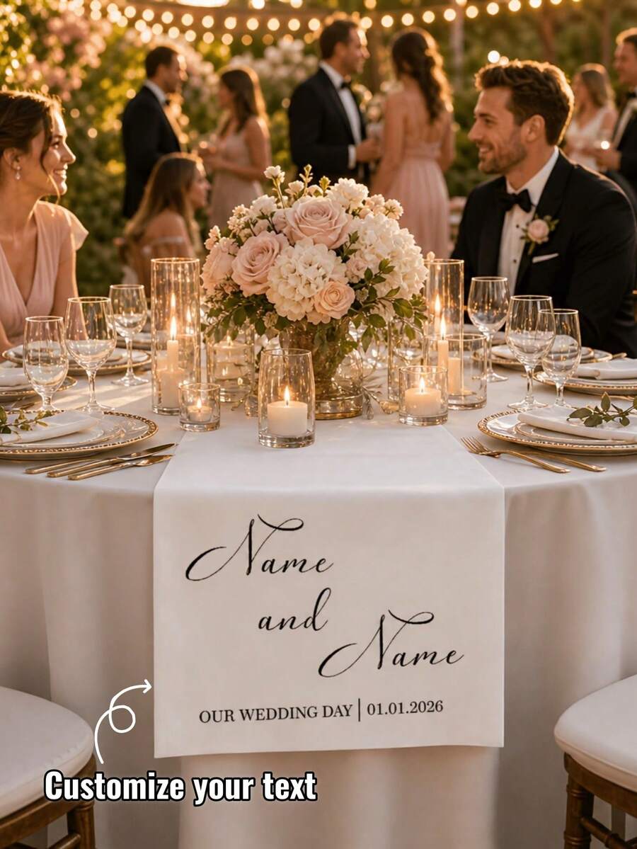 Customized Wedding Table Runner, Suitable For Sweetheart Table Decoration, Customizable Name, Perfect For Newlywed Table Decor And Coordinated Venue Setup, Creating Sweet Romantic Event Details And Customized Wedding Display - White - View 1