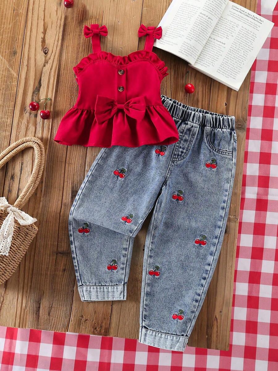 2 pezzi/Set Ragazza giovane all'aperto Minimalista Dolce Carino Energico Moda Vibrante Rosso Fiocco Bottone Cinturino Top e Vintage Distressed Blu Conico Jeans Denim Set - Multicolore - Visualizzare 1