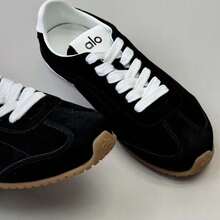 Alo Women's Retro German Trainer Sneakers Genuine Leather Suede Casual Shoes, Lightweight Lace-Up Gum Sole Walking Sneakers - Black - View 3