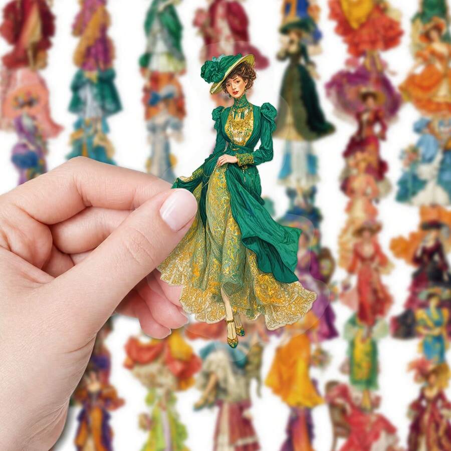 56入防水復古維多利亞風格女性貼紙,古董貴族花卉帽子與洋裝女性復古貼紙,適用於瓶子、筆記本DIY手工藝 - B - 查看 1