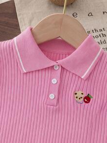女童開學季學院風純色刺繡 Polo 領針織薄款開襟背心，適合休閒日常穿著，春夏秋三季 - 粉色 - 查看 5