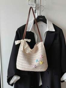 新款夏季海灘度假編織海星托特包，休閒通勤單肩包，蝴蝶飾品百搭大容量女款包 - 米色 - 查看 3