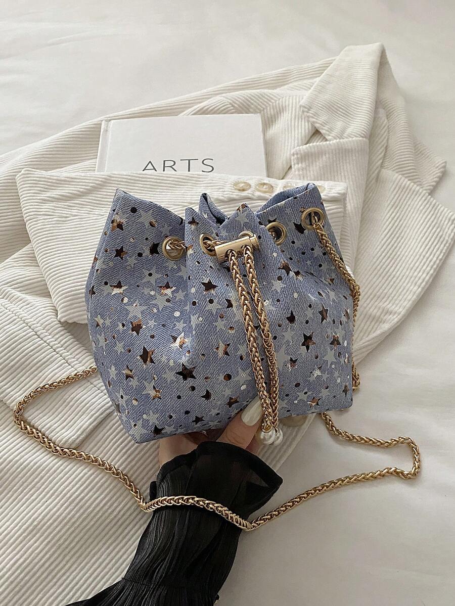 Mini New Fashion Straw Woven Gold Chain Drawstring Bucket Bag Beach Bag