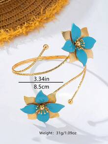 1pc Enamel Double Flower Circular Arm Cuff, Vacation Style Personalized Exaggerated Floral Arm Chain, Skin-Friendly 3D Adjustable Petal - Blue - View 2