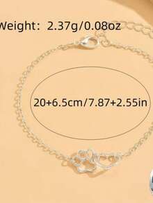 1pc Summer Minimalist Cat & Dog Paw Print Heart Ankle Chain, Hollow Heart Design, Gift For Kids - Silver - View 6