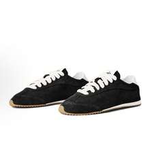 Alo Women's Retro German Trainer Sneakers Genuine Leather Suede Casual Shoes, Lightweight Lace-Up Gum Sole Walking Sneakers - Black - View 5