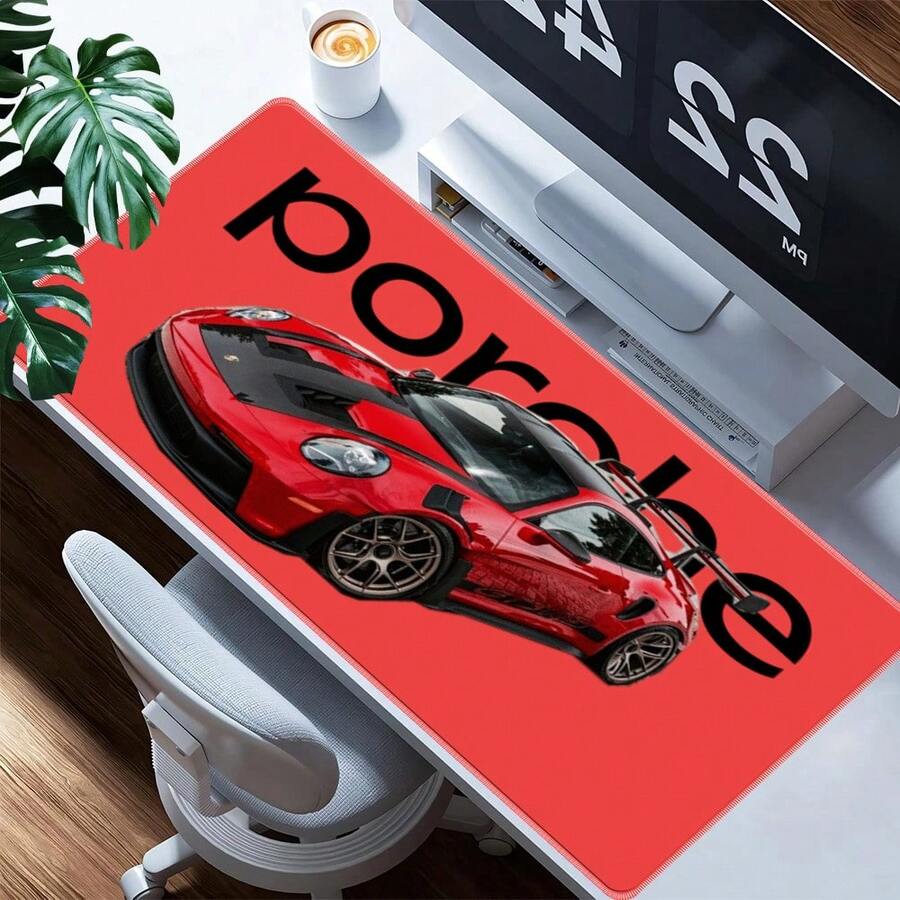 1pc Minimalist Bright Red 911 GT3 Extra Large Extended Desk Mat, Eye-Catching Black Letter Print Sports Car Mouse Pad, Simple Pure Car Racing Style Gaming Room Bedroom Office Decor - View 1