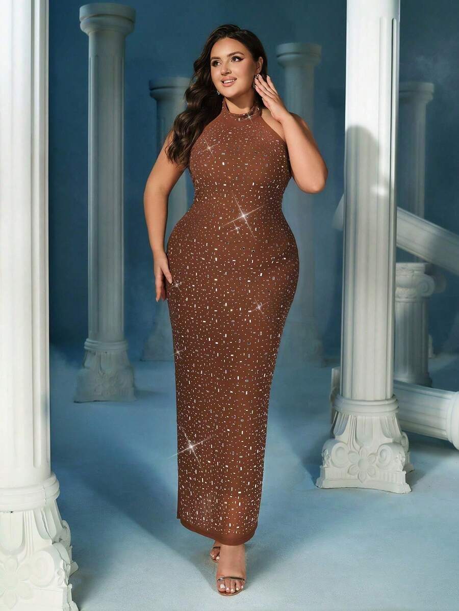 QOQ Women Plus Size Halter Sleeveless Rhinestone Prom Maxi Dress, Backless Slit Bodycon Formal Evening Gown, Elegant Wedding Guest Cocktail Party Dresses - Brown - View 1