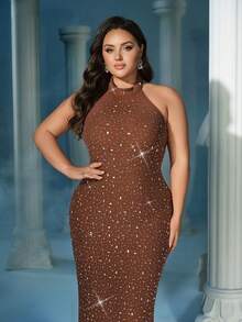 QOQ Women Plus Size Halter Sleeveless Rhinestone Prom Maxi Dress, Backless Slit Bodycon Formal Evening Gown, Elegant Wedding Guest Cocktail Party Dresses - Brown - View 6