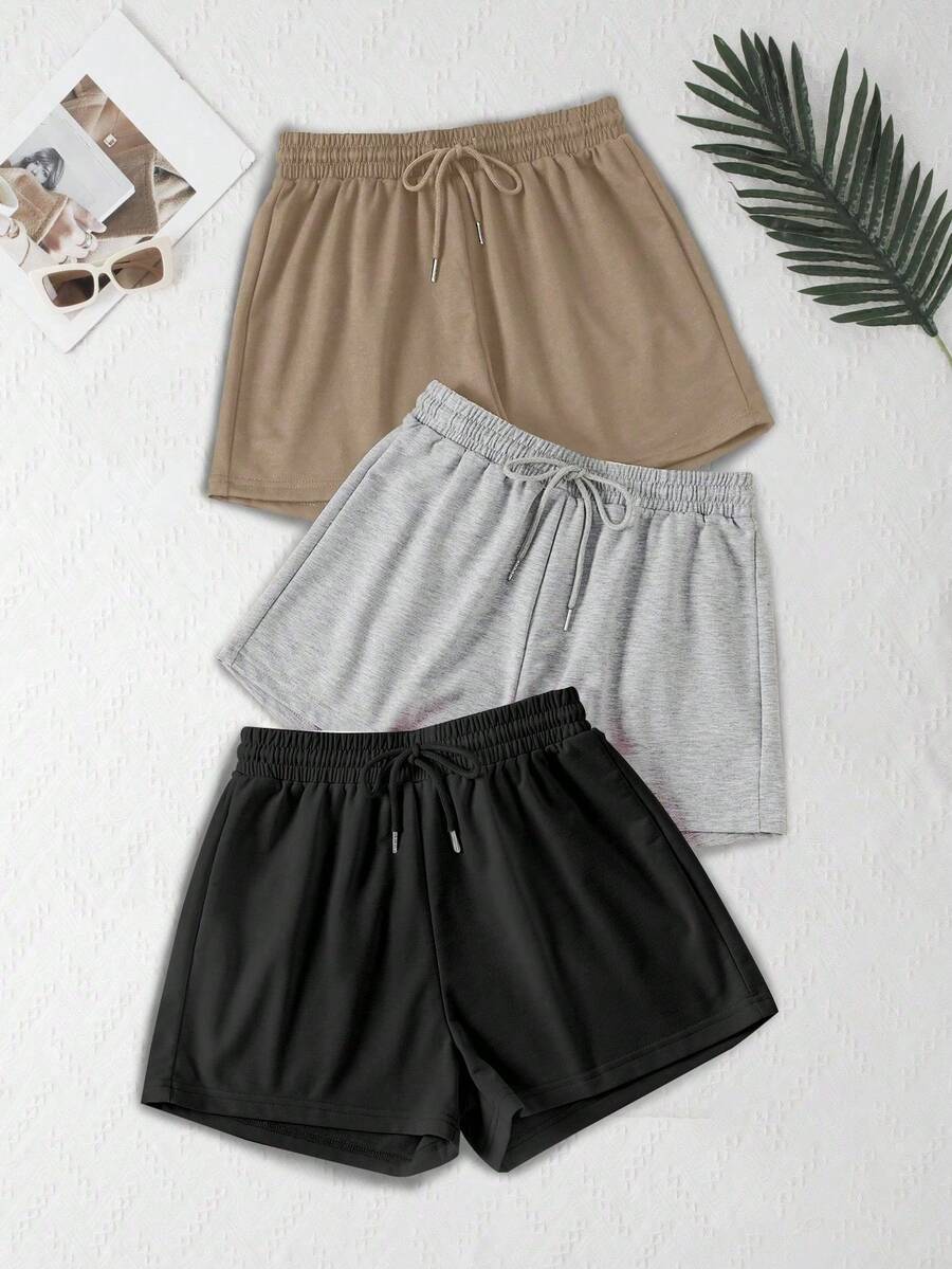 3-Piece Solid Color Loose Fit Sporty Lounge Shorts And Pants Set With Elastic Waist - Light Grey - View 1