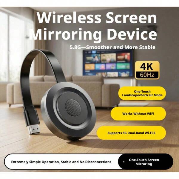 Plug & Play Wireless Display Receiver, 4K 60Hz Low Latency Video Streamer, 5G Dual HD Mirroring For Phone To HDMI TV & Monitor