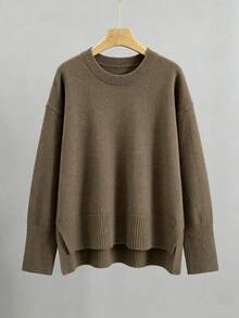 GIGOGOU Autumn/Winter Women's Loose Drop Shoulder Knit Sweater With Ribbed Trim, Minimalist Casual Pullover, Premium Comfortable - Coffee Brown - View 6