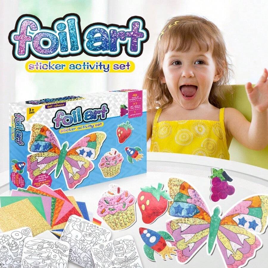 跨境熱銷彩色金箔紙手工貼紙活動套裝，幼兒創意藝術貼紙玩具，提升精細動作技能與動手能力，適合幼兒園教室的趣味藝術創作禮品套裝