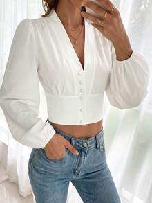 Blus pendek putih lengan puff berkerah V elegan ala Prancis, kancing depan, pinggang ramping, lengan lentera, cocok untuk bepergian sehari-hari dan kencan. - Putih - View 5