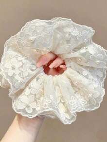 1pc Korean Style Ethereal 4-Layer Mesh Flower & Pearl Hair Scrunchie, Sweet Hair Tie For Bun, Ponytail Elastics Rubber Bands - White - View 5