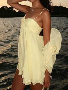 Women's Summer Vacation Style Ruffle Hem Short Camisole Dress - Light Yellow - View 4