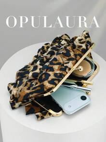 OpulAura 女款精緻迷人花瓣宴會手拿包，豹紋荷葉邊設計晚宴包，晚禮服搭配包，適用於婚禮/度假/正式派對/舞會場合，附鍊條，花瓣形狀隨機發貨 - 棕色 - 查看 4
