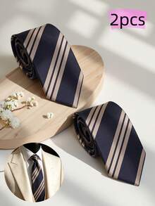 2pcs Men's Navy Blue Striped Polyester Silk Ties, Preppy Student Uniform Groom Shirt Accessory, Hand-Tied Style - Two Navy Blue and Gold Stripes - View 4